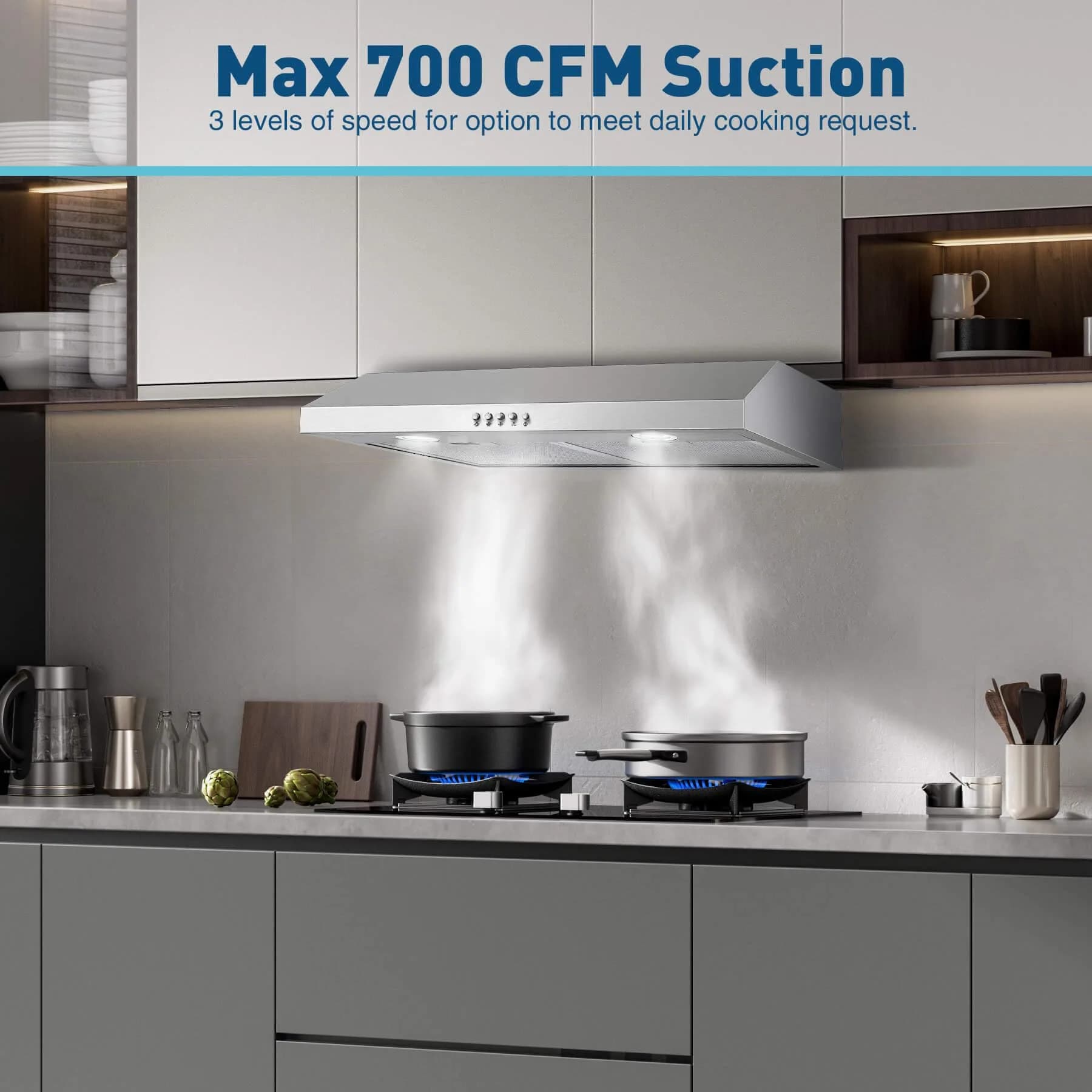 SNDOAS 30 Inch Under Cabinet Range Hood - Silver | 700 CFM Baffle Filter | 220V Compatible - view 3