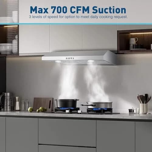 SNDOAS Under Cabinet Range Hood 76.2cm (30 inch) | 700 CFM Stainless Steel Kitchen Exhaust Hood with 3-Speed Fan & LED Lights thumbnail 3