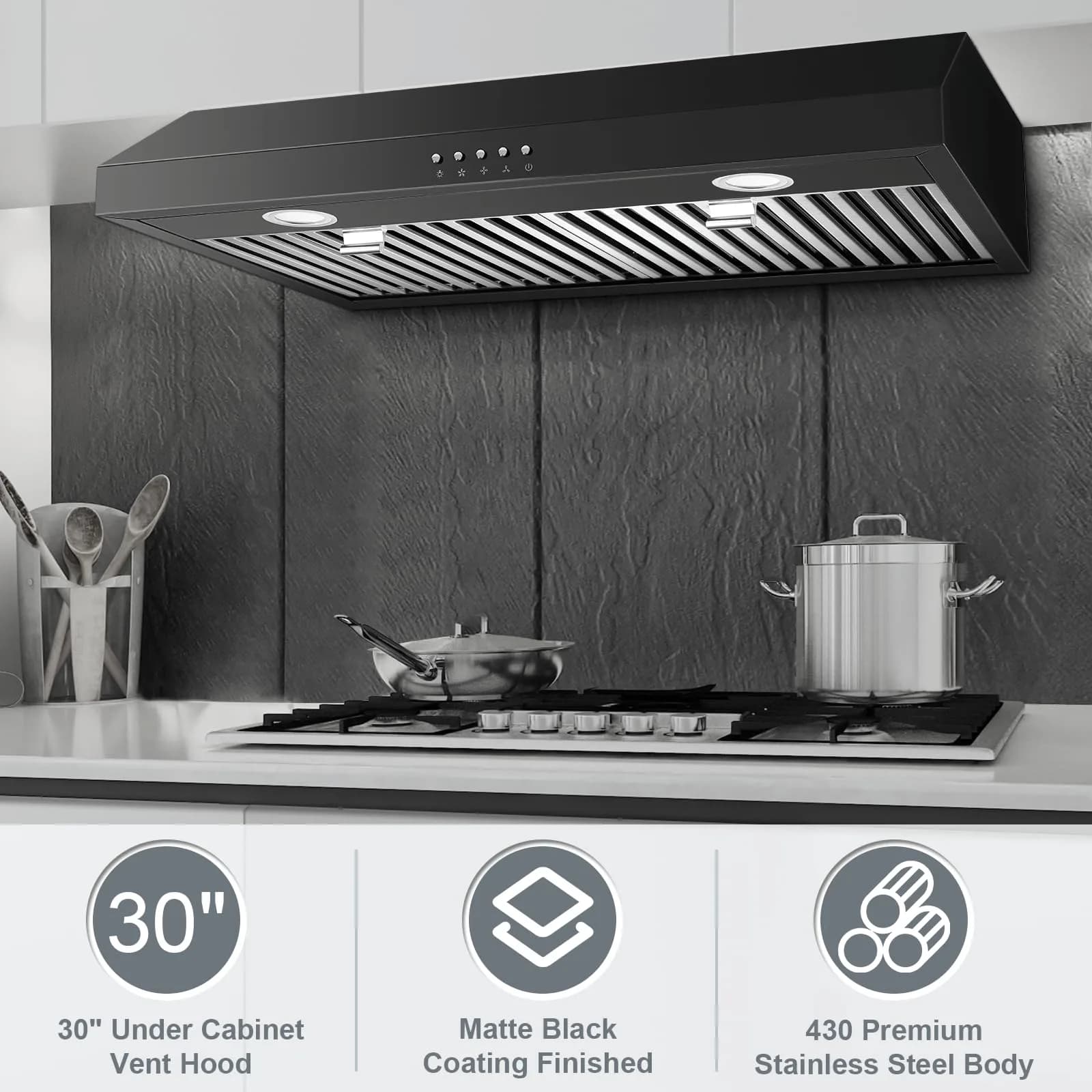 SNDOAS Under Cabinet Range Hood 30 inch Black Baffle Filter 700 CFM | 220V Compatible - view 2
