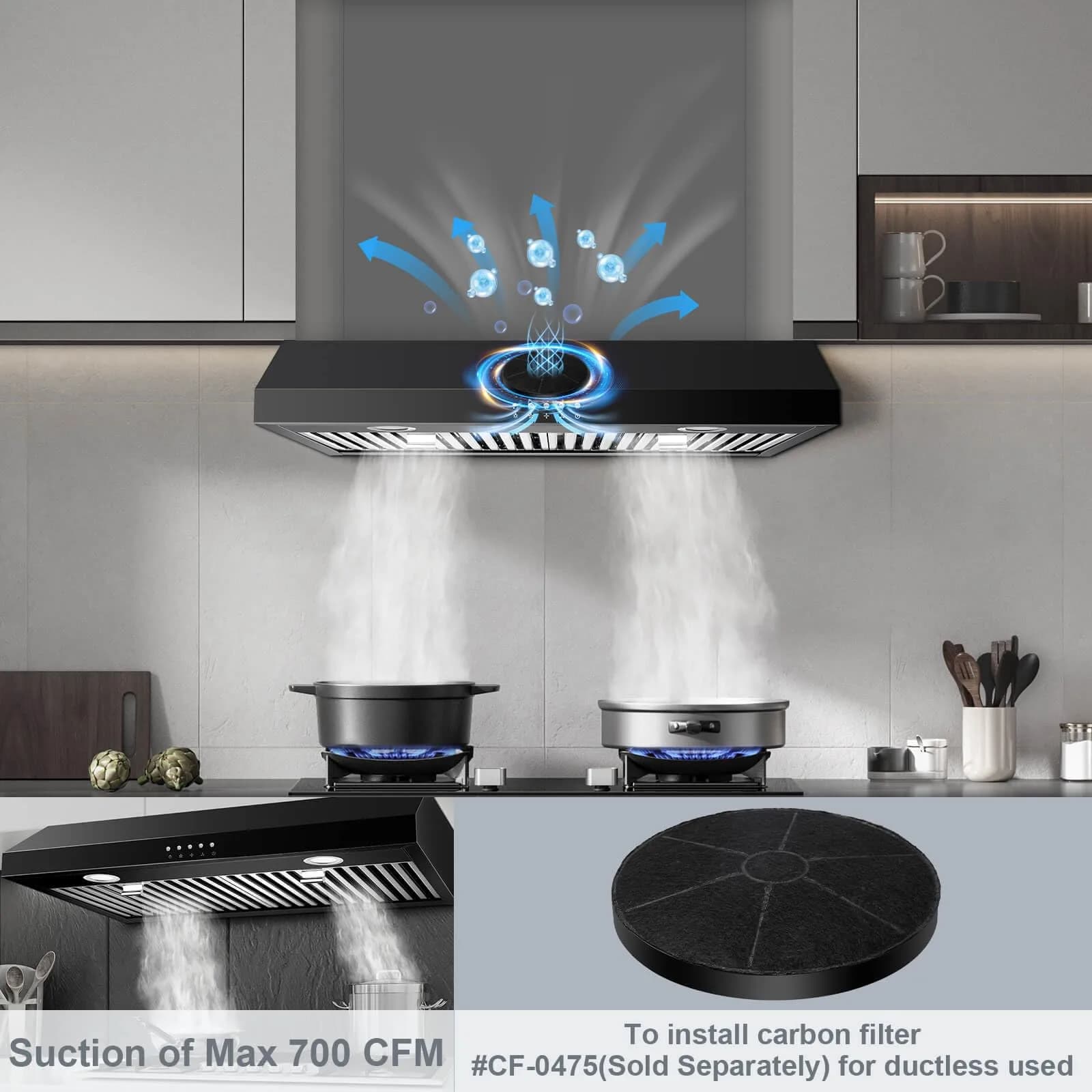 SNDOAS Under Cabinet Range Hood 30 inch Black Baffle Filter 700 CFM | 220V Compatible - view 3