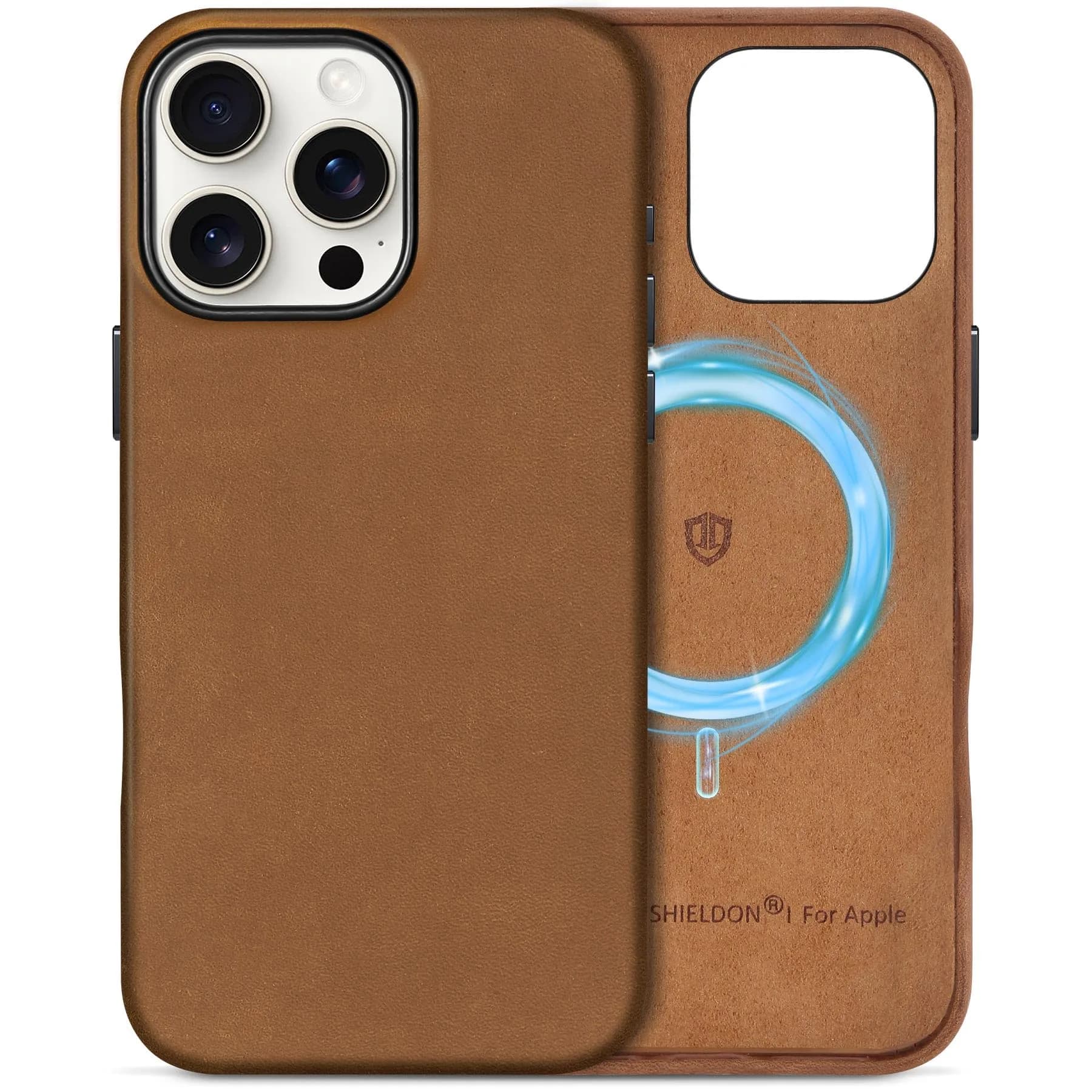 SHIELDON Genuine Leather Case for iPhone 16 Pro Max 6.9" Crazy Horse Brown | Shockproof & Wireless Charging Support — Brown