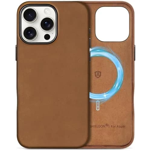 SHIELDON Genuine Leather Case for iPhone 16 Pro Max 6.9" Crazy Horse Brown | Shockproof & Wireless Charging Support thumbnail 1