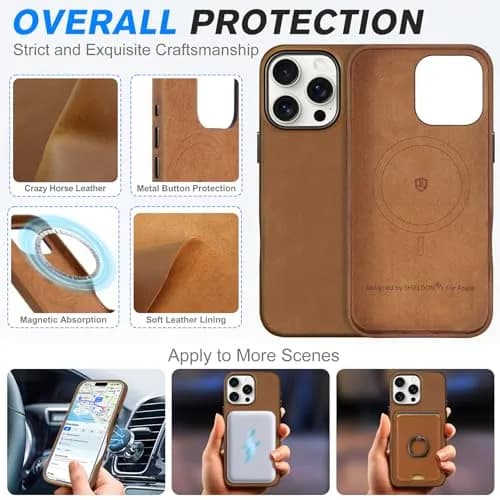 SHIELDON Genuine Leather Case for iPhone 16 Pro Max 6.9" Crazy Horse Brown | Shockproof & Wireless Charging Support thumbnail 4
