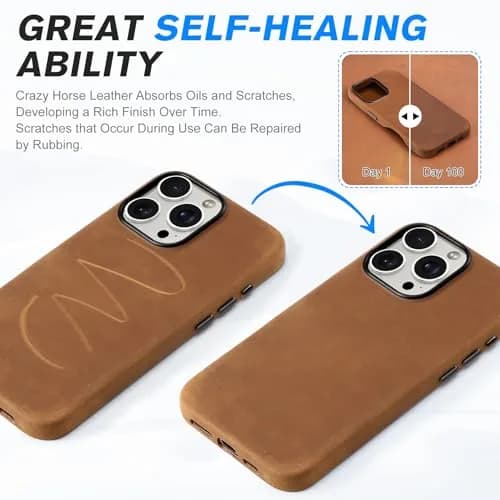 SHIELDON Genuine Leather Case for iPhone 16 Pro Max 6.9" Crazy Horse Brown | Shockproof & Wireless Charging Support thumbnail 5
