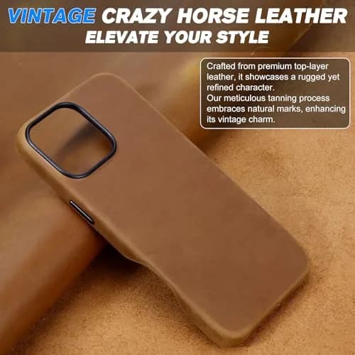 SHIELDON Genuine Leather Case for iPhone 16 Pro Max 6.9" Crazy Horse Brown | Shockproof & Wireless Charging Support thumbnail 3