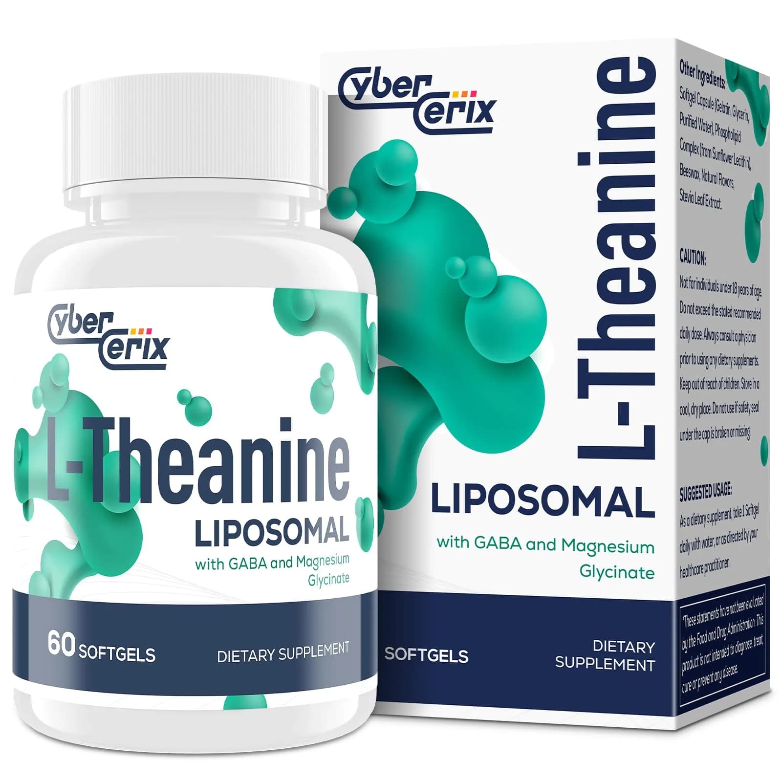 CyberCerix Liposomal L-Theanine 500mg | Complex with GABA 200mg & Magnesium 100mg | Extra Strength Supplement for Calm, Relaxation & Focus, Gluten Free (60 Capsules) - main product image
