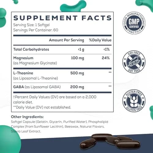 CyberCerix Liposomal L-Theanine 500mg | Complex with GABA 200mg & Magnesium 100mg | Extra Strength Supplement for Calm, Relaxation & Focus, Gluten Free (60 Capsules) thumbnail 2