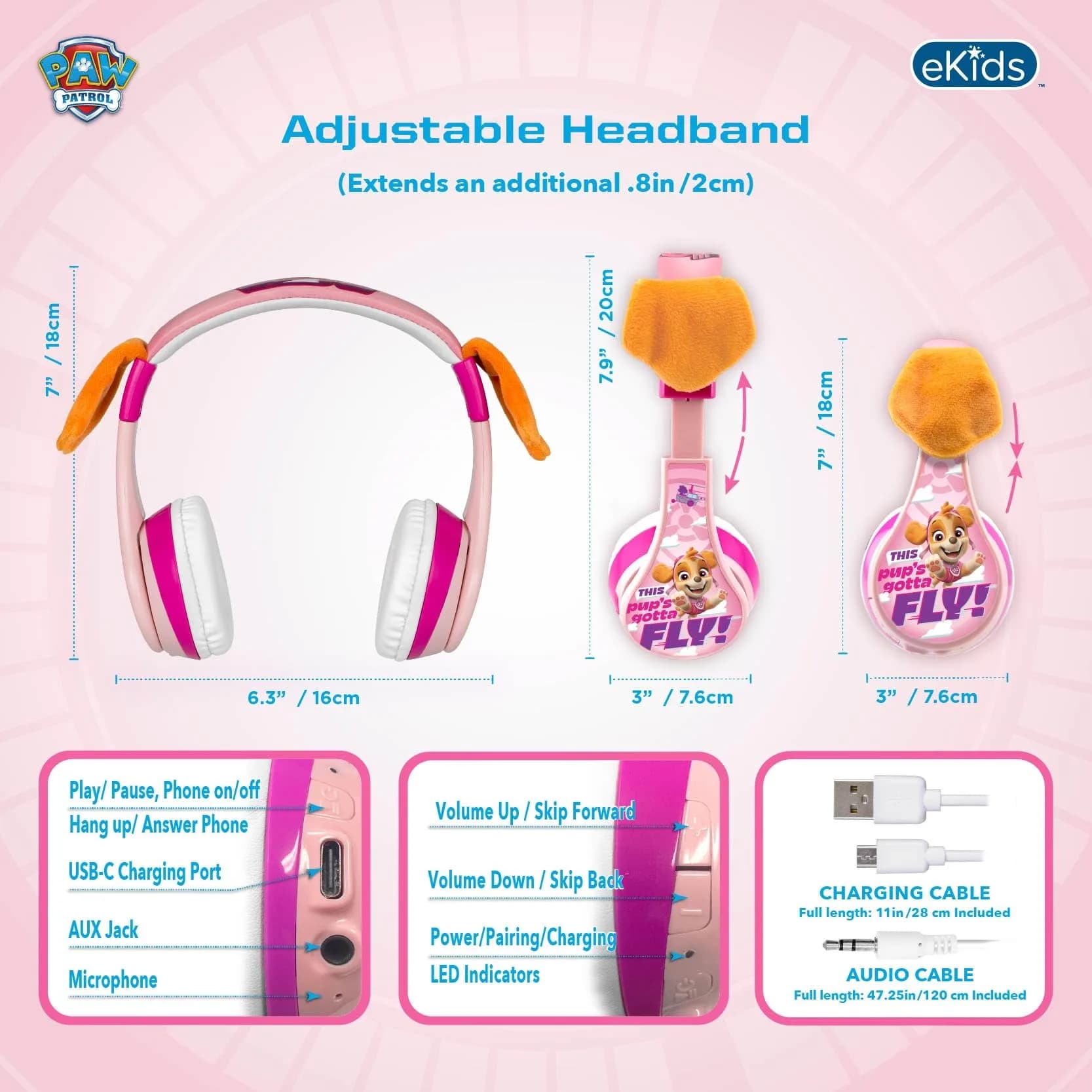eKids Paw Patrol Skye Liberty Bluetooth Headphones for Kids | Wireless Over-Ear Headset - view 6