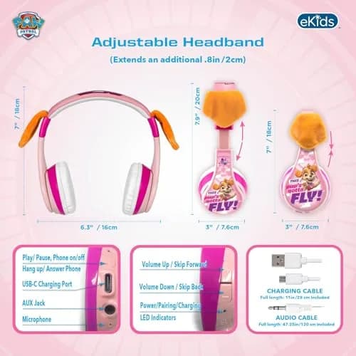 eKids Paw Patrol Skye Liberty Bluetooth Headphones for Kids | Wireless Over-Ear Headset thumbnail 6