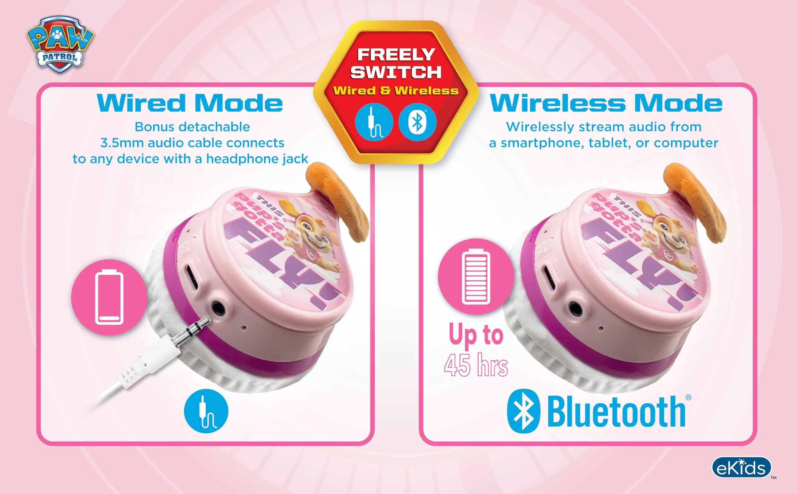 eKids Paw Patrol Skye Liberty Bluetooth Headphones for Kids | Wireless Over-Ear Headset - view 7