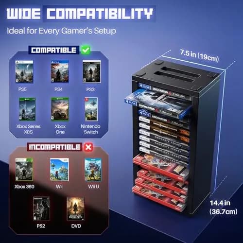 TNP Video Game Storage Tower for PS5 and Nintendo Switch | 18 Disc Capacity | Black thumbnail 7