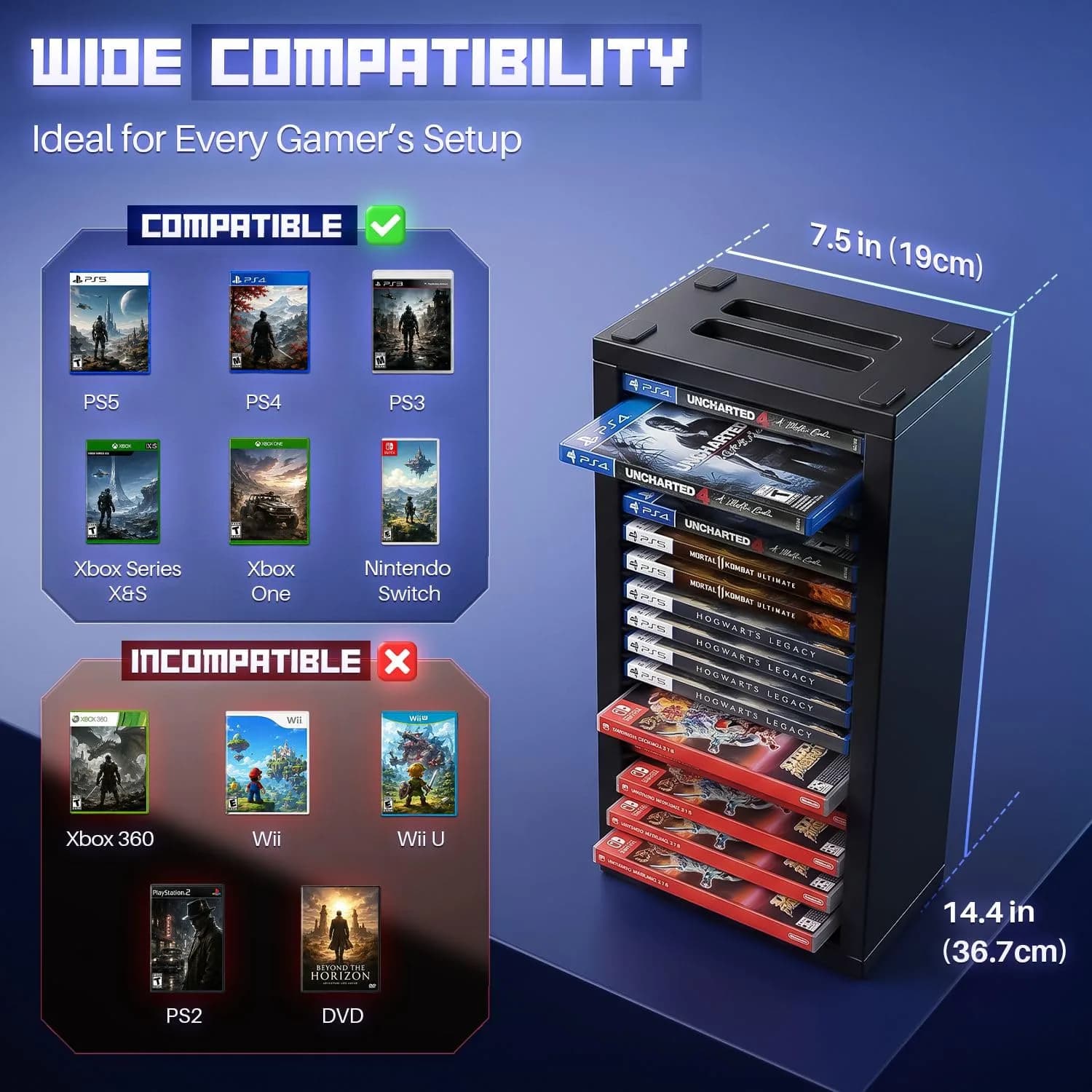 TNP Video Game Storage Tower for PS5 and Nintendo Switch | 18 Disc Capacity | Black thumbnail 7