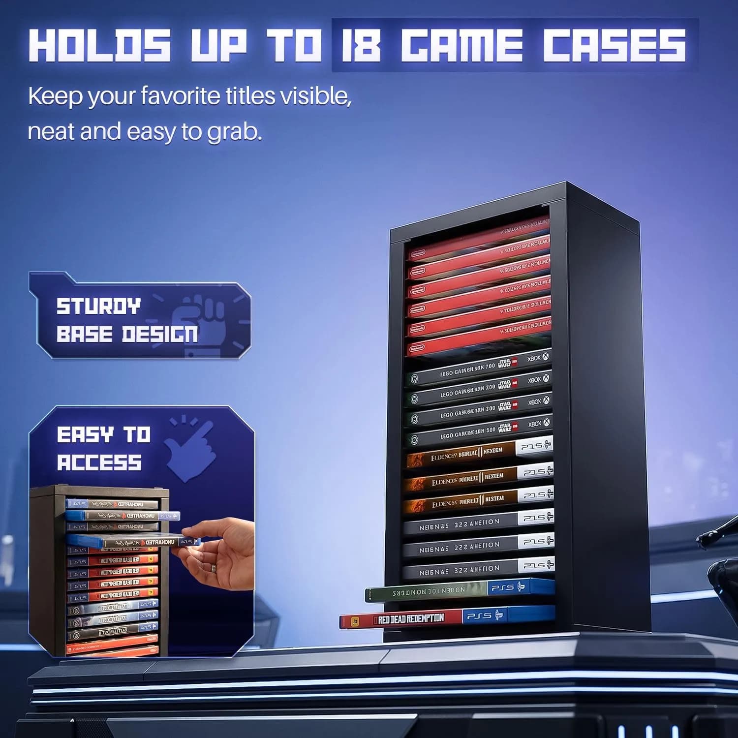 TNP Video Game Storage Tower for PS5 and Nintendo Switch | 18 Disc Capacity | Black thumbnail 3