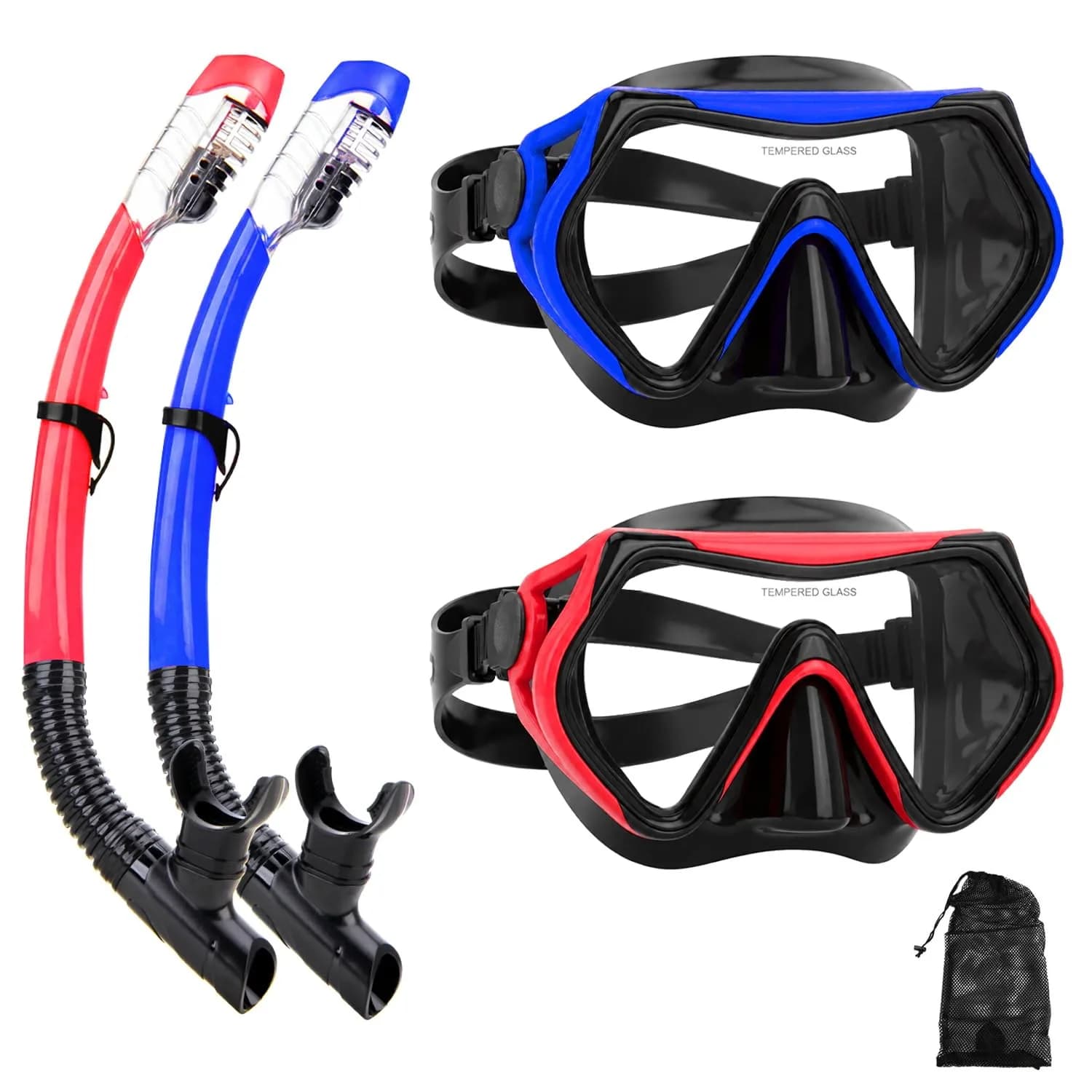 DIPUKI Snorkeling Gear for Adults | Dry Snorkel Mask Set, Wide View, Anti-Fog, Scuba Diving, Swimming Packages (0.811 Fl Oz) — Blue + red（ ）