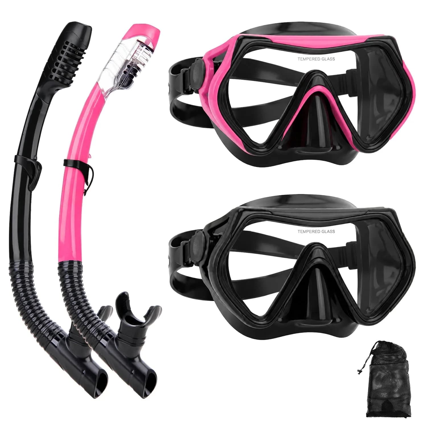 DIPUKI Dry Snorkel Mask Set for Adults, Tempered Glass Lens & Silicone Skirt, Panoramic 180° View | Scuba Diving Snorkel Gear — Black + pink（）