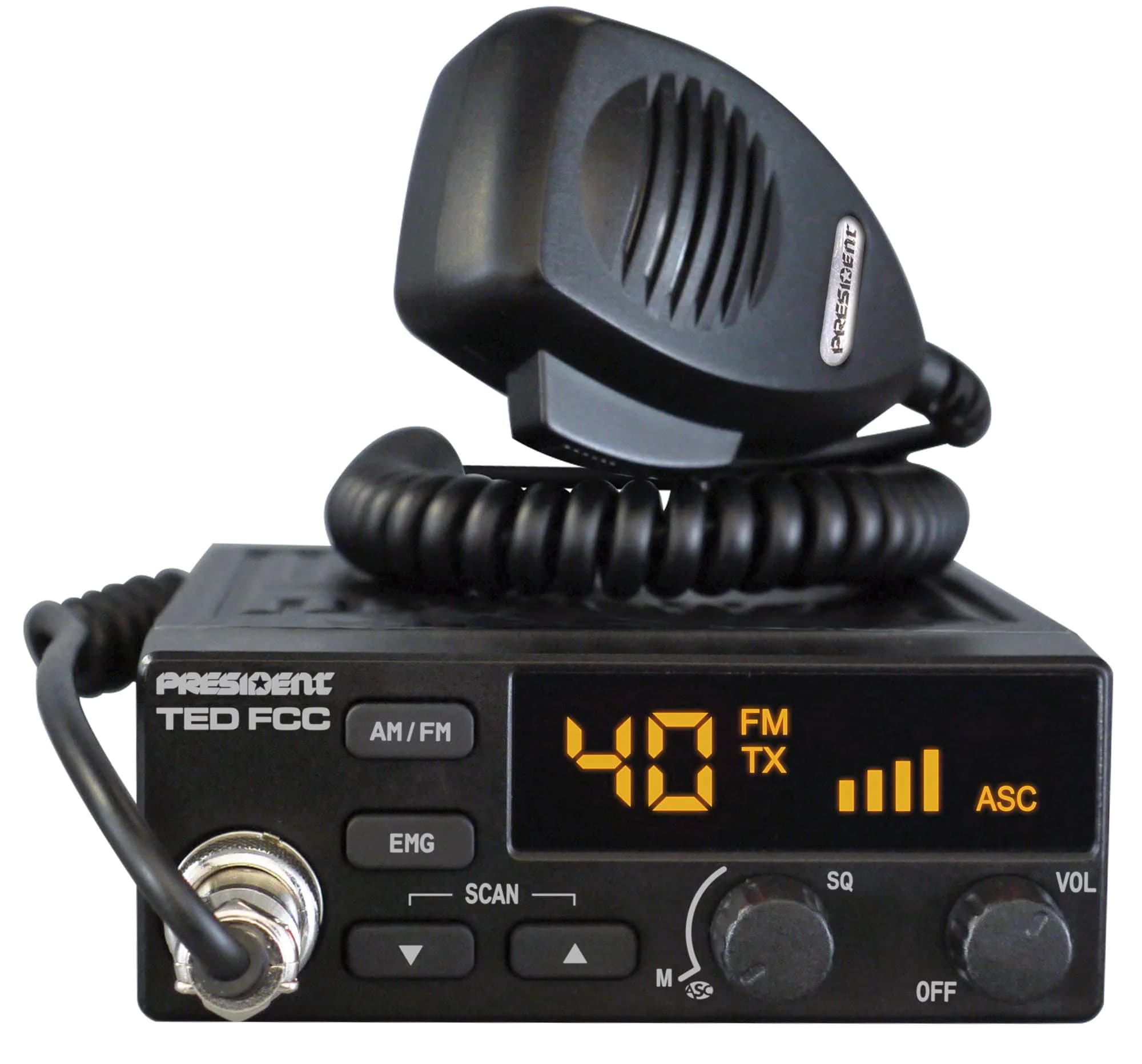 President Ted FCC AM/FM 40 Channel Compact CB Radio | LED Display, Emergency Channels, 13.8V, 4 W, Compact Size — Black