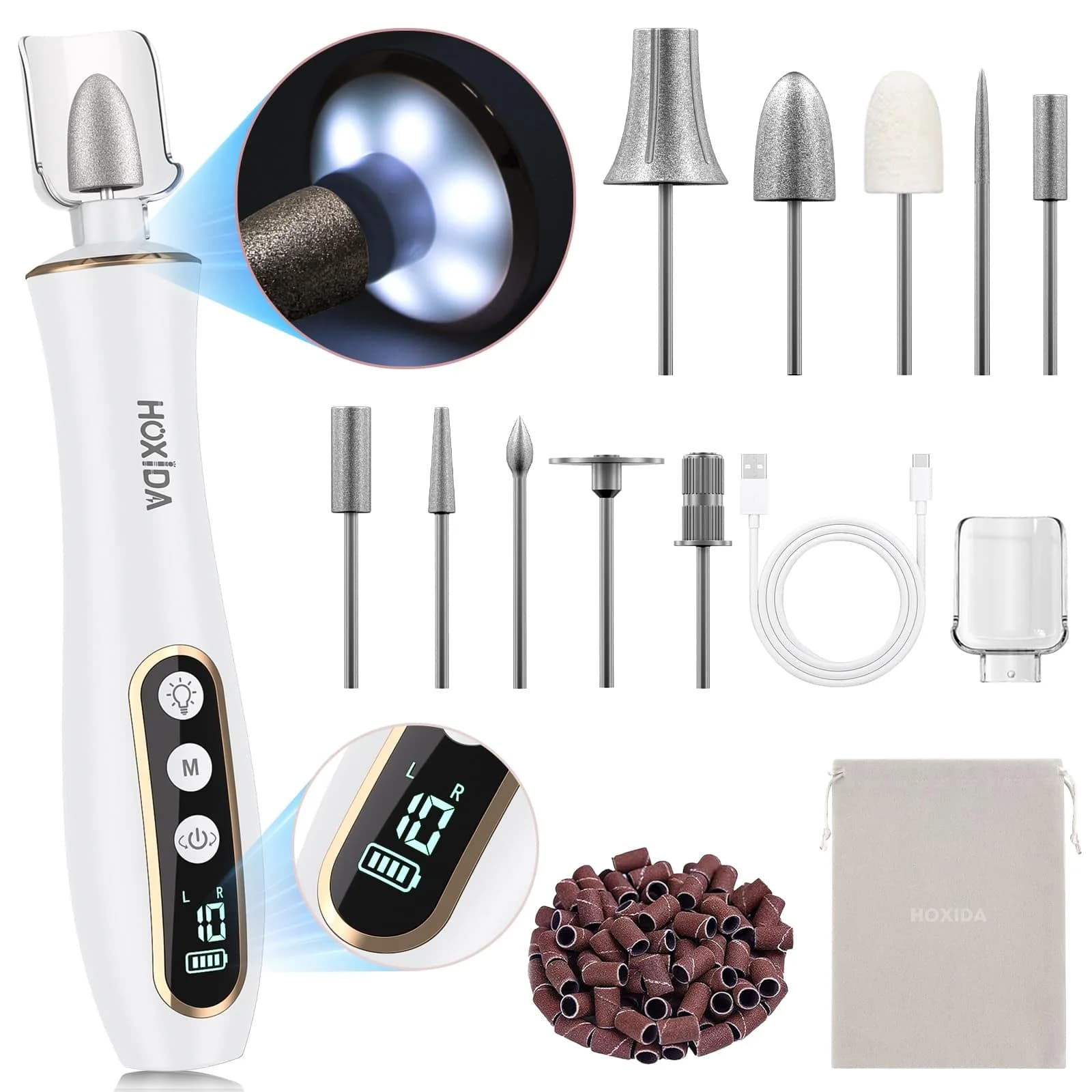 Hoxida Cordless Electric Nail Drill with 360° LED Light, 10-Speed Professional Nail File for Manicure & Gel Removal (White) - main product image