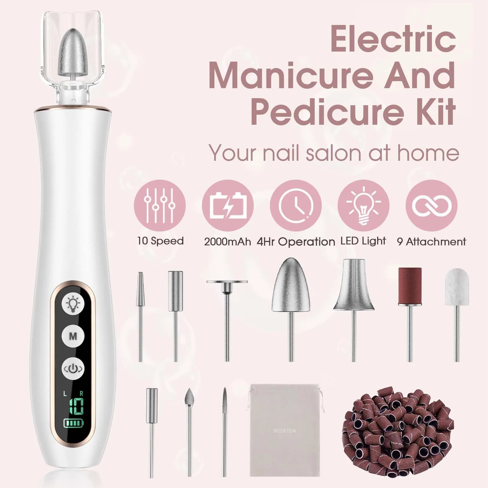 Hoxida Cordless Electric Nail Drill with 360° LED Light | 20,000 RPM, 10-Speed, Rechargeable - view 2