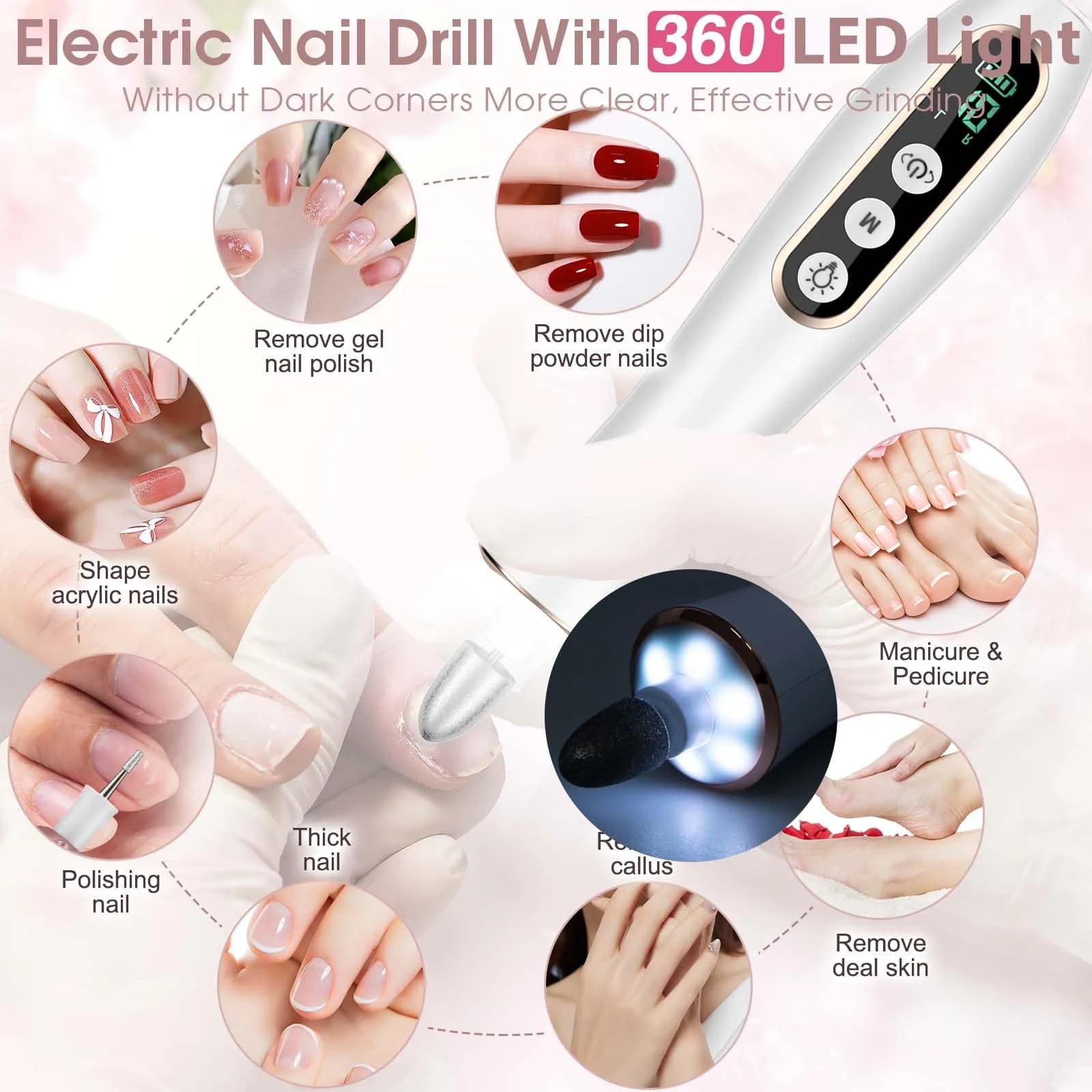 Hoxida Cordless Electric Nail Drill with 360° LED Light | 20,000 RPM, 10-Speed, Rechargeable - view 4