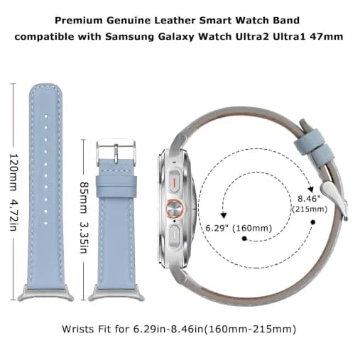Tasikar Leather Watch Band Compatible with Samsung Galaxy Watch Ultra 47mm | Genuine Leather Strap, Blue thumbnail 5