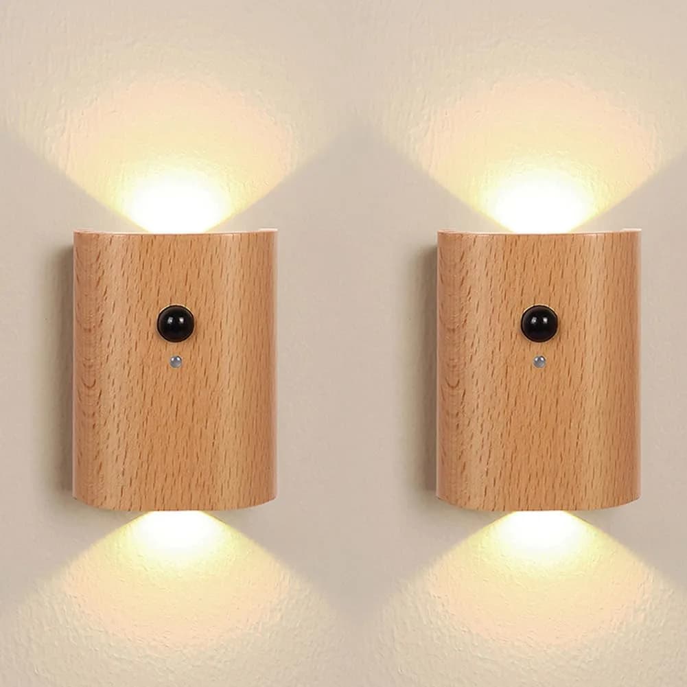 LANDGOO Wood Step Light 2 Pack Motion Sensor Rechargeable Beech | Warm 2700K LED Night Light