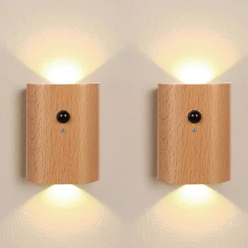 LANDGOO Wood Step Light 2 Pack Motion Sensor Rechargeable Beech | Warm 2700K LED Night Light thumbnail 1