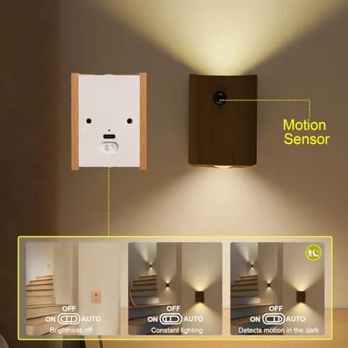 LANDGOO Wood Step Light 2 Pack Motion Sensor Rechargeable Beech | Warm 2700K LED Night Light thumbnail 2