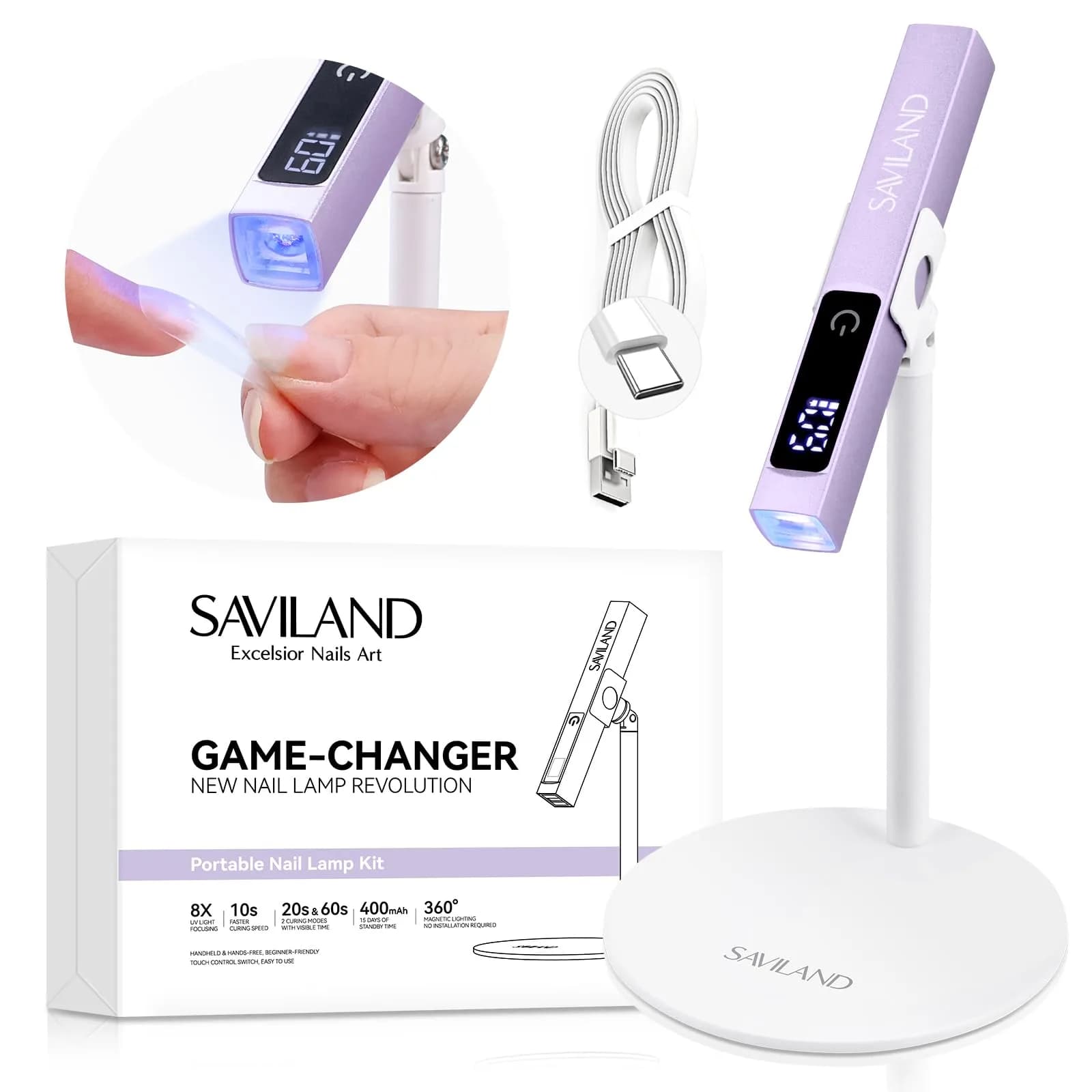 SAVILAND Handheld UV Nail Lamp 12W Purple | 10S Flash Cure for Gel Polish — Purple