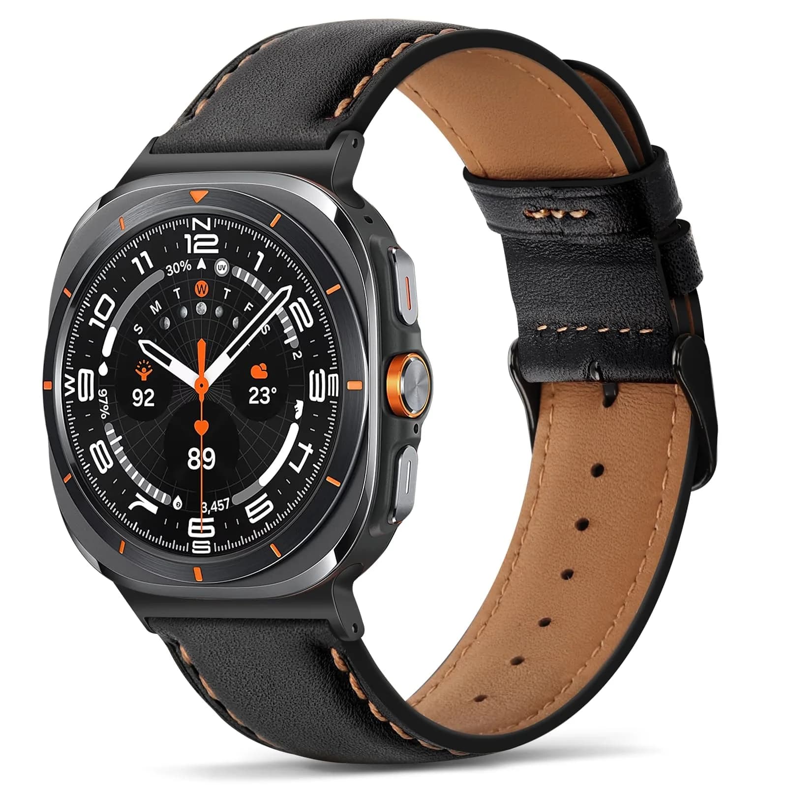 Tasikar Leather Band Compatible with Samsung Galaxy Watch 9 8 40mm 44mm/8 Classic 46mm, Brown | Genuine Leather Strap with Black Stainless Steel Clasp — Black