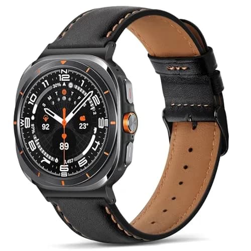 Tasikar Black Leather Watch Band for Samsung Galaxy Watch Ultra 2/1 47mm | Genuine Leather Strap with Stainless Steel Clasp thumbnail 1