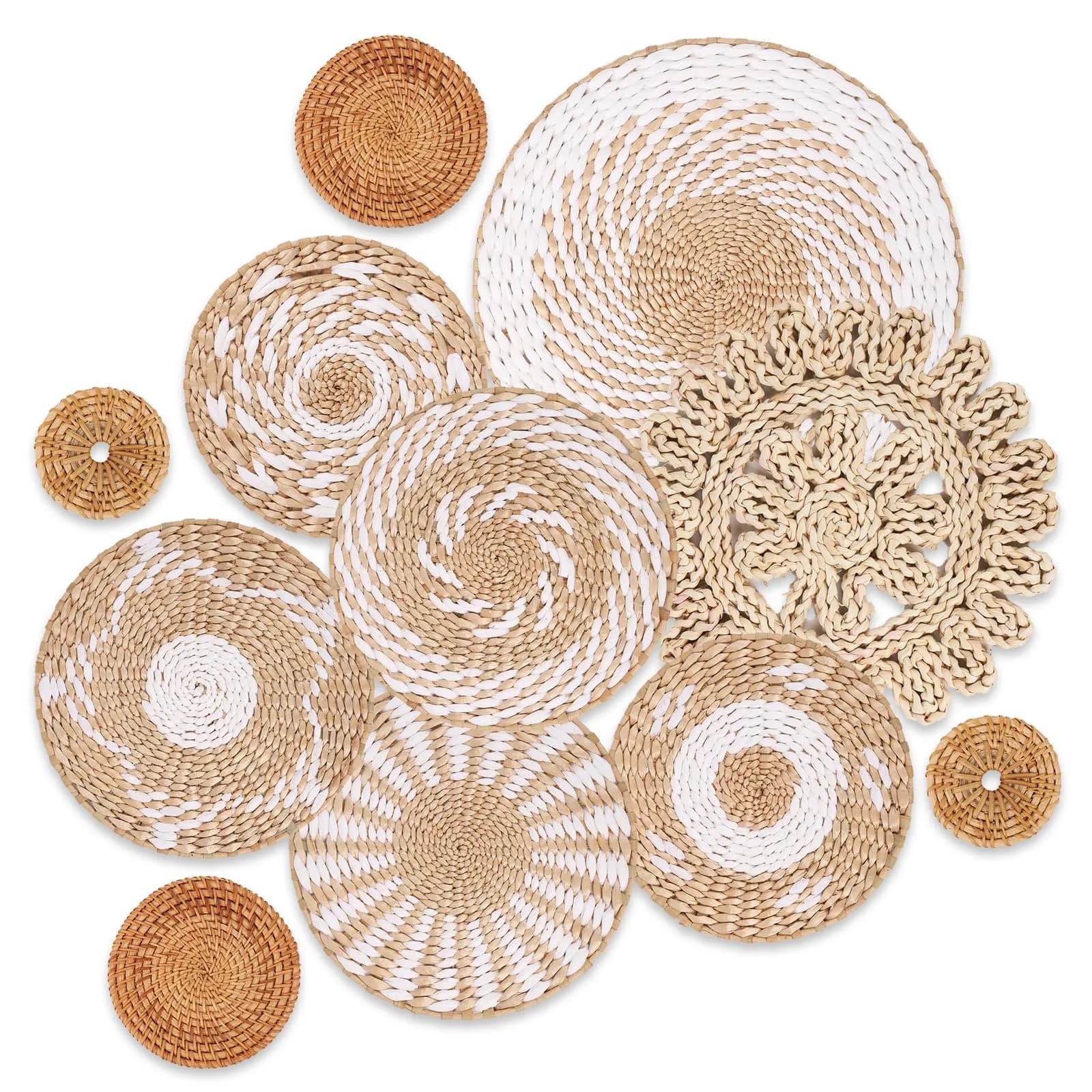 LOCS MICRAI Boho Wall Basket Decor Set of 11 - Natural Bulrush & Rattan, White Retro Style | Handwoven Wall Art for Farmhouse & Home - main product image