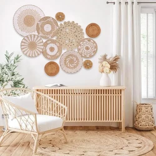 LOCS MICRAI Boho Wall Basket Decor Set of 11 - Natural Bulrush & Rattan, White Retro Style | Handwoven Wall Art for Farmhouse & Home thumbnail 4