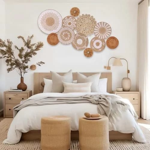 LOCS MICRAI Boho Wall Basket Decor Set of 11 - Natural Bulrush & Rattan, White Retro Style | Handwoven Wall Art for Farmhouse & Home thumbnail 5