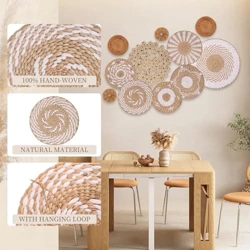 LOCS MICRAI Boho Wall Basket Decor Set of 11 - Natural Bulrush & Rattan, White Retro Style | Handwoven Wall Art for Farmhouse & Home thumbnail 3