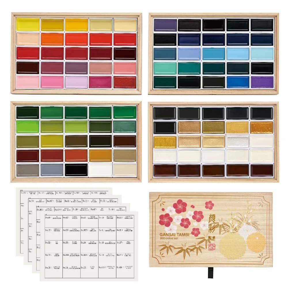 Kuretake GANSAI TAMBI Watercolor Paint Set 100 Colors with Wooden Box | Professional Grade Art Supplies - view 2