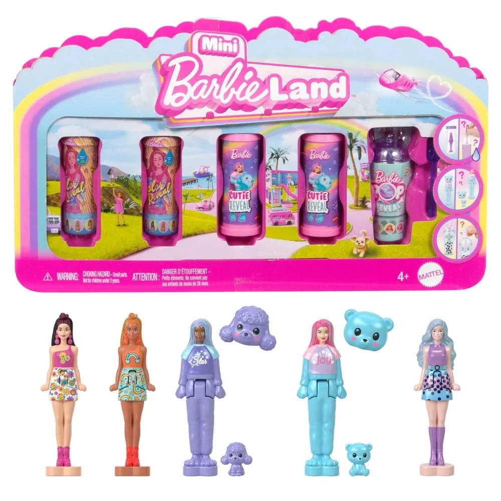 Barbie Mini Barbie Land 5-Pack Pop Reveal Dolls, 1.5-inch Mini Doll with Surprise Reveal & Sensory Play Piece (Styles May Vary)