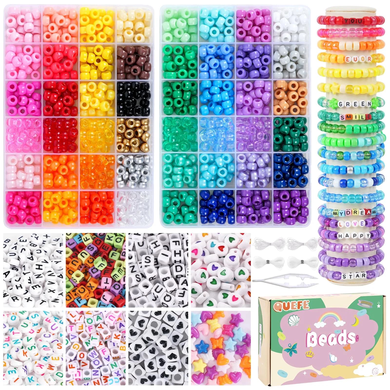 QUEFE 1900pcs 48 Colors Pony Beads Bracelet Making Kit | Rainbow Kandi Beads Friendship Bracelet Kit with Letter Beads & Elastic Strings (1900 Beads) - main product image