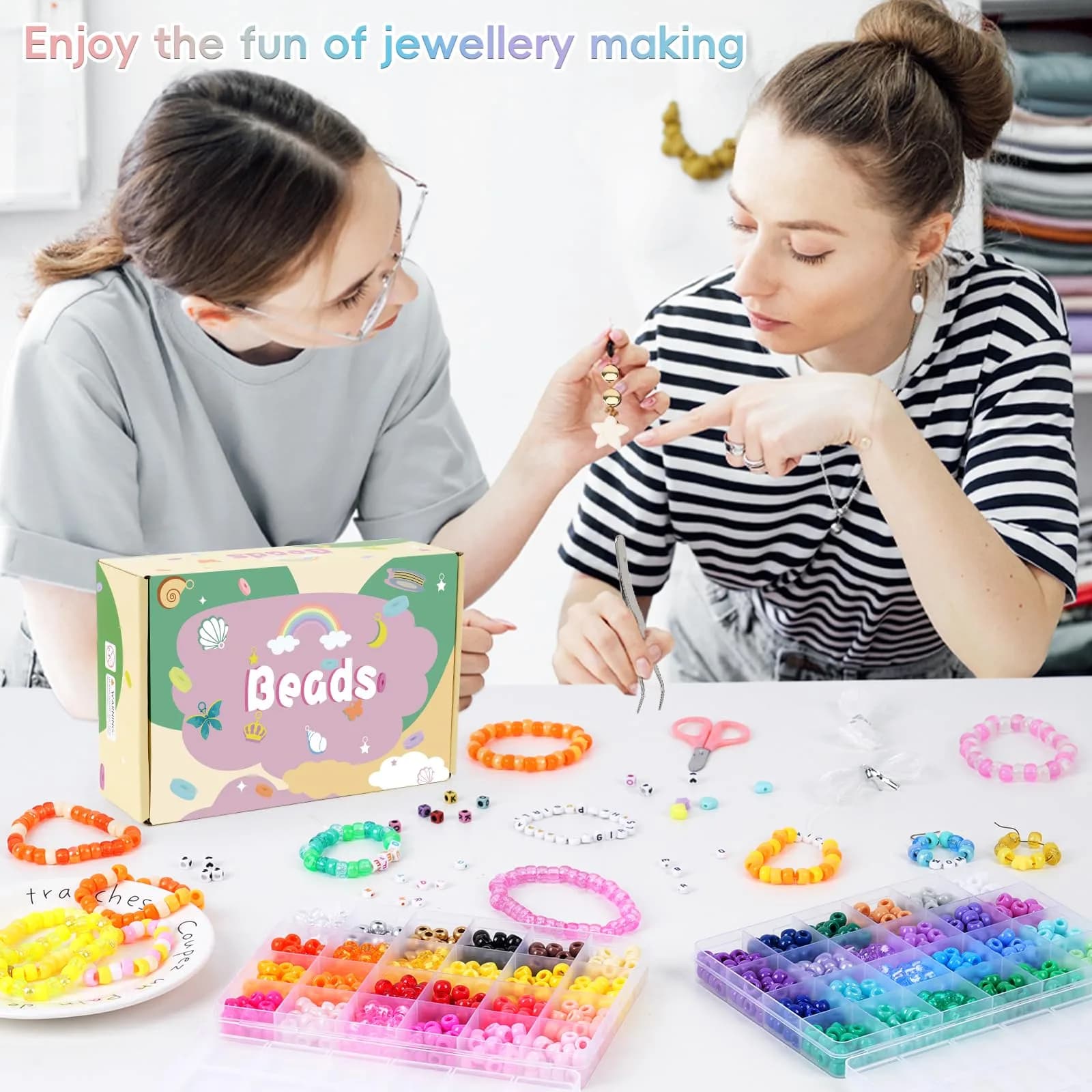 QUEFE 1900pcs 48 Colors Pony Beads Bracelet Making Kit | Rainbow Kandi Beads Friendship Bracelet Kit with Letter Beads & Elastic Strings (1900 Beads) - view 7