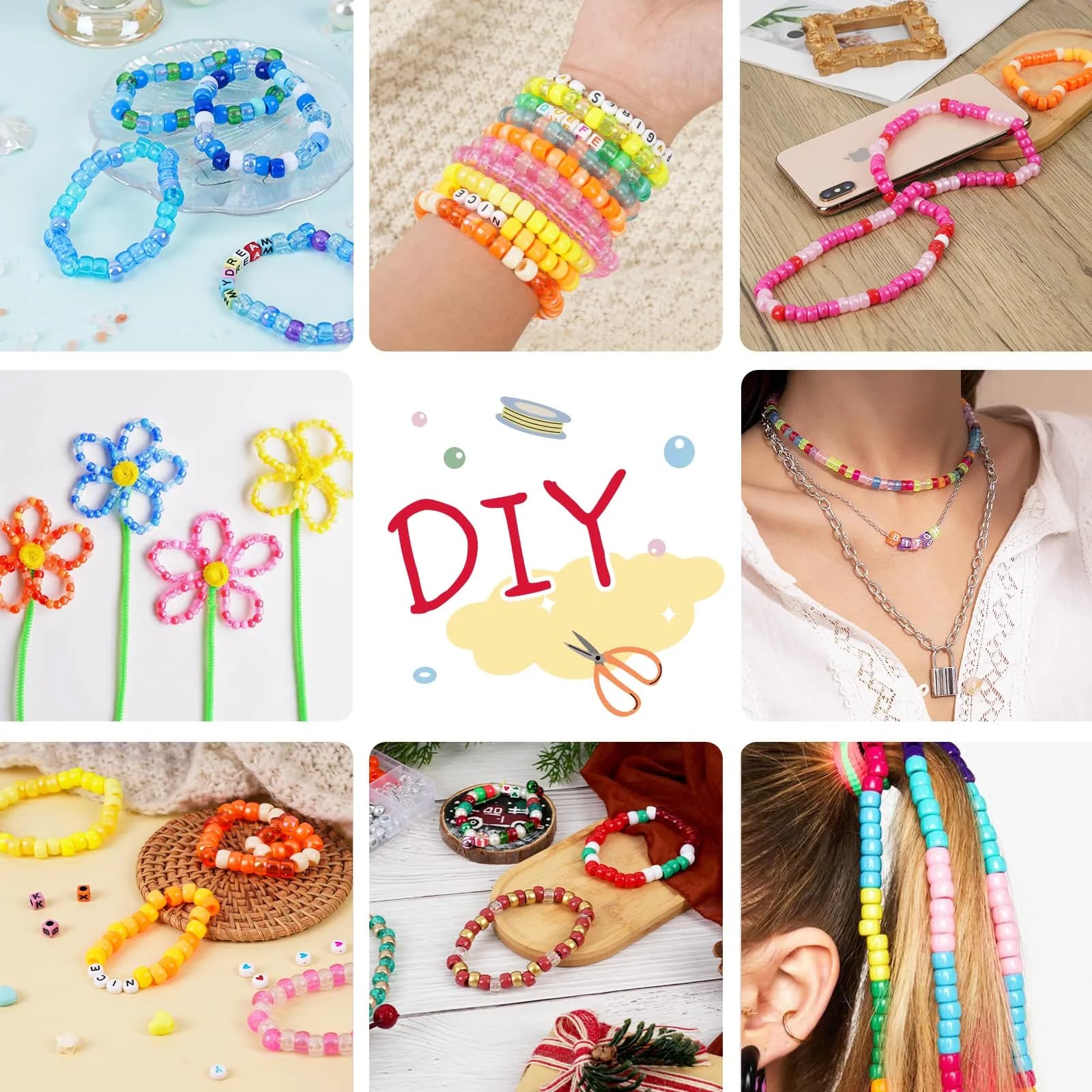 QUEFE 1900pcs 48 Colors Pony Beads Bracelet Making Kit | Rainbow Kandi Beads Friendship Bracelet Kit with Letter Beads & Elastic Strings (1900 Beads) - view 4