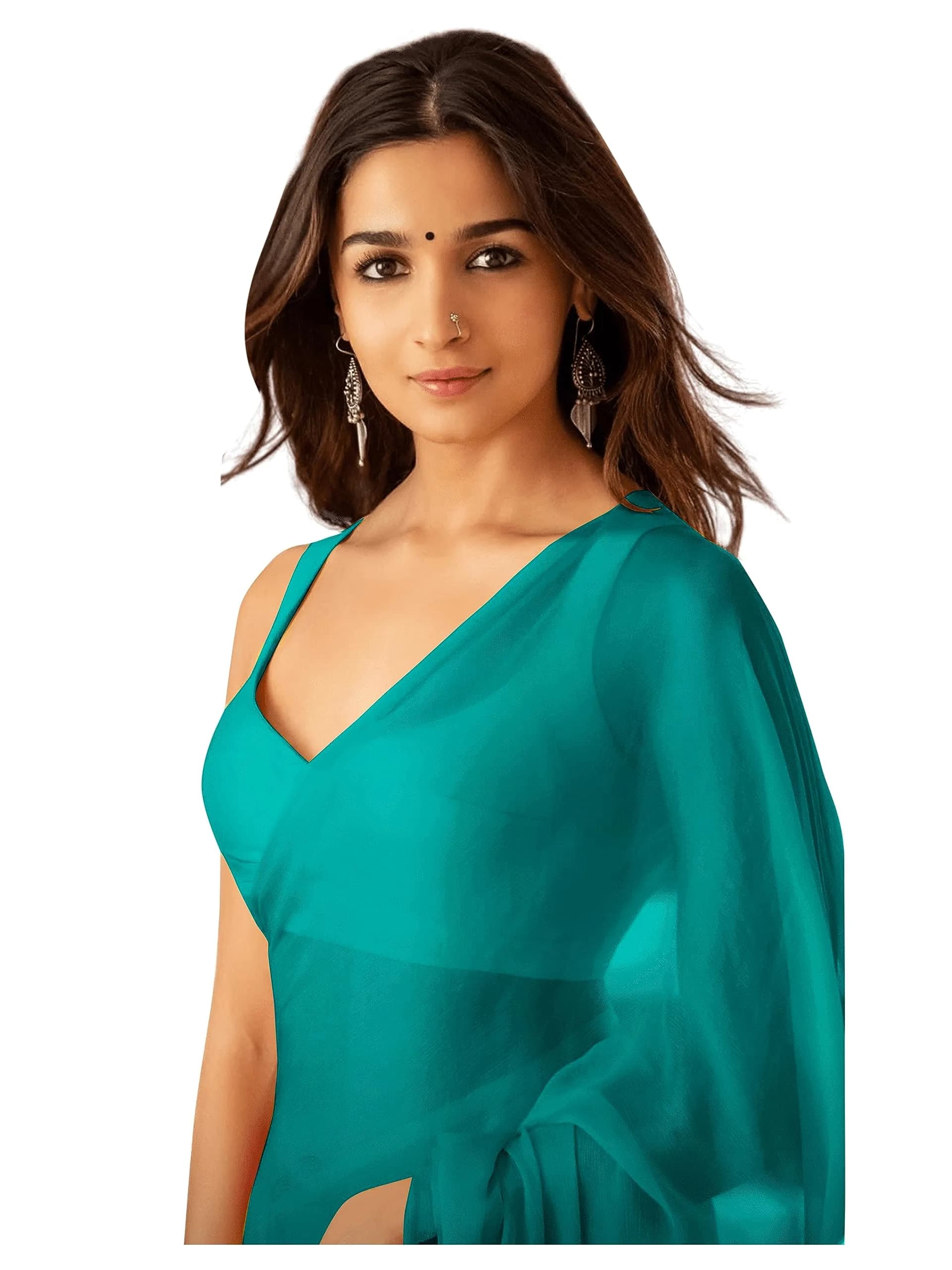 StyleScope Women's Plain Georgette Saree With Unstitched Blouse Piece, Dark Firozi, 6.2 m (20.3 ft) | Traditional Indian Wear — Dark Firozi