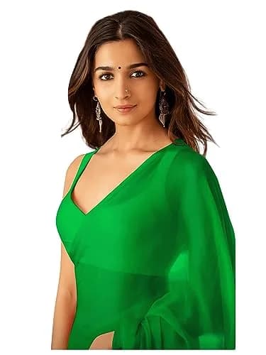 StyleScope Women's Plain Georgette Saree With Unstitched Blouse Piece Dark Green | 6.2 Mtr (20.34 Ft) thumbnail 1