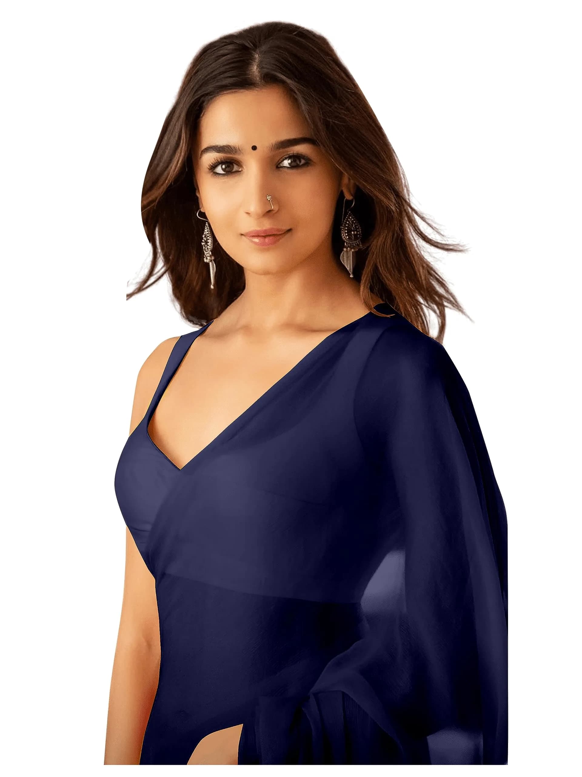StyleScope Plain Georgette Saree With Unstitched Blouse Piece Navy Blue 6.2 mtr (20.34 ft) — Navy Blue