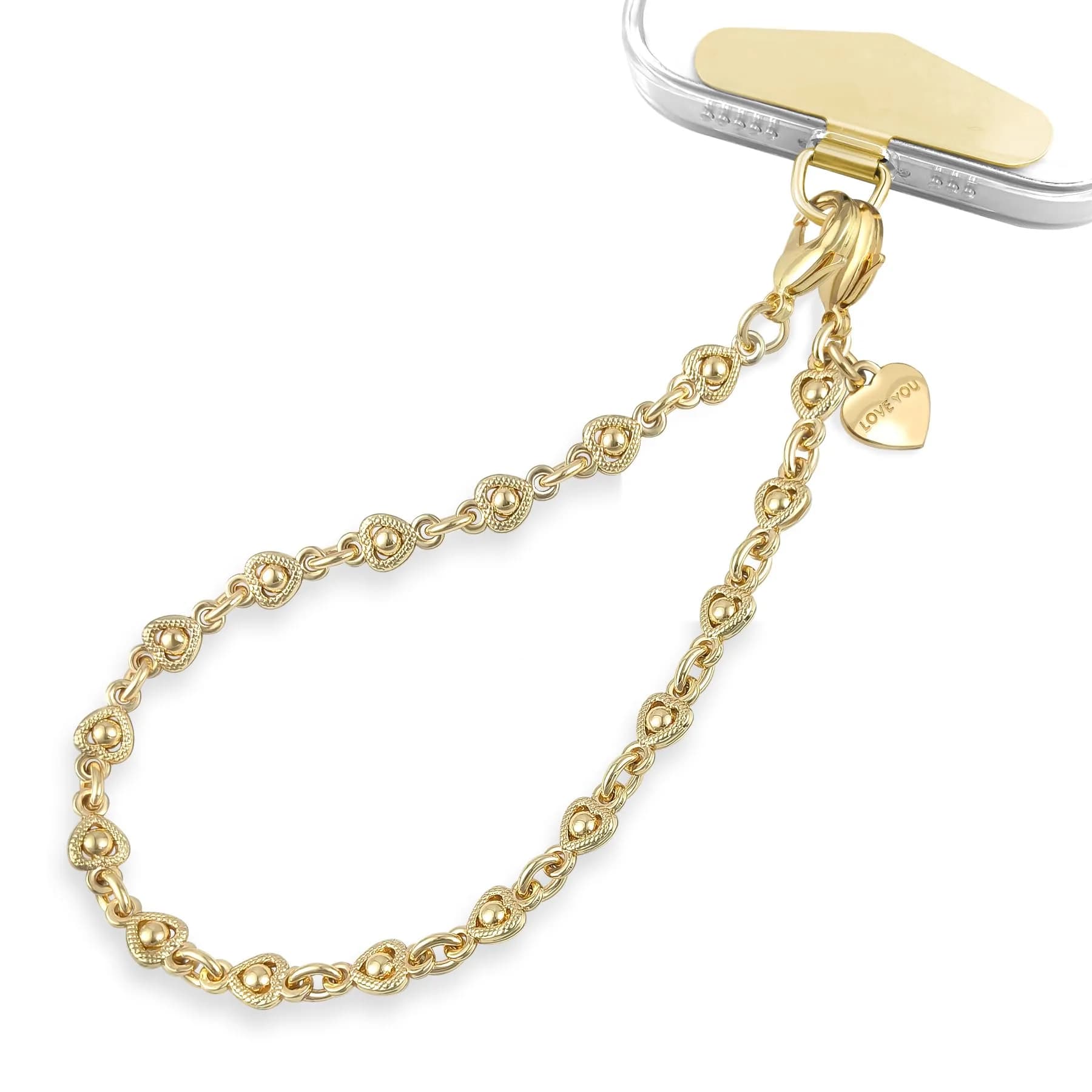 MOUTAKEY Heart Phone Charm Strap with Metal Tether Tab - Pale Gold | Detachable iPhone Chain Wrist Strap for All Phones