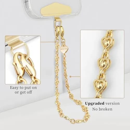 MOUTAKEY Heart Phone Charm Strap with Metal Tether Tab - Pale Gold | Detachable iPhone Chain Wrist Strap for All Phones thumbnail 4