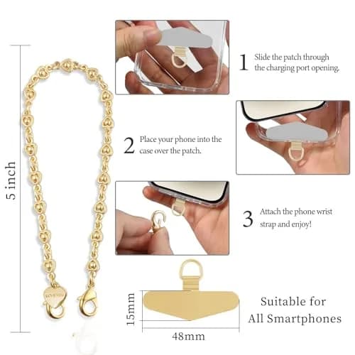 MOUTAKEY Heart Phone Charm Strap with Metal Tether Tab - Pale Gold | Detachable iPhone Chain Wrist Strap for All Phones thumbnail 5