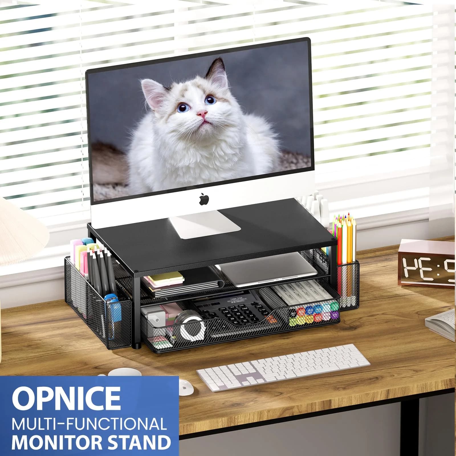 OPNICE 2-Tier Monitor Stand Riser with Drawer & Pen Holders, Black | 20.5 inch (52 cm) Ergonomic Carbon Steel Stand - view 6