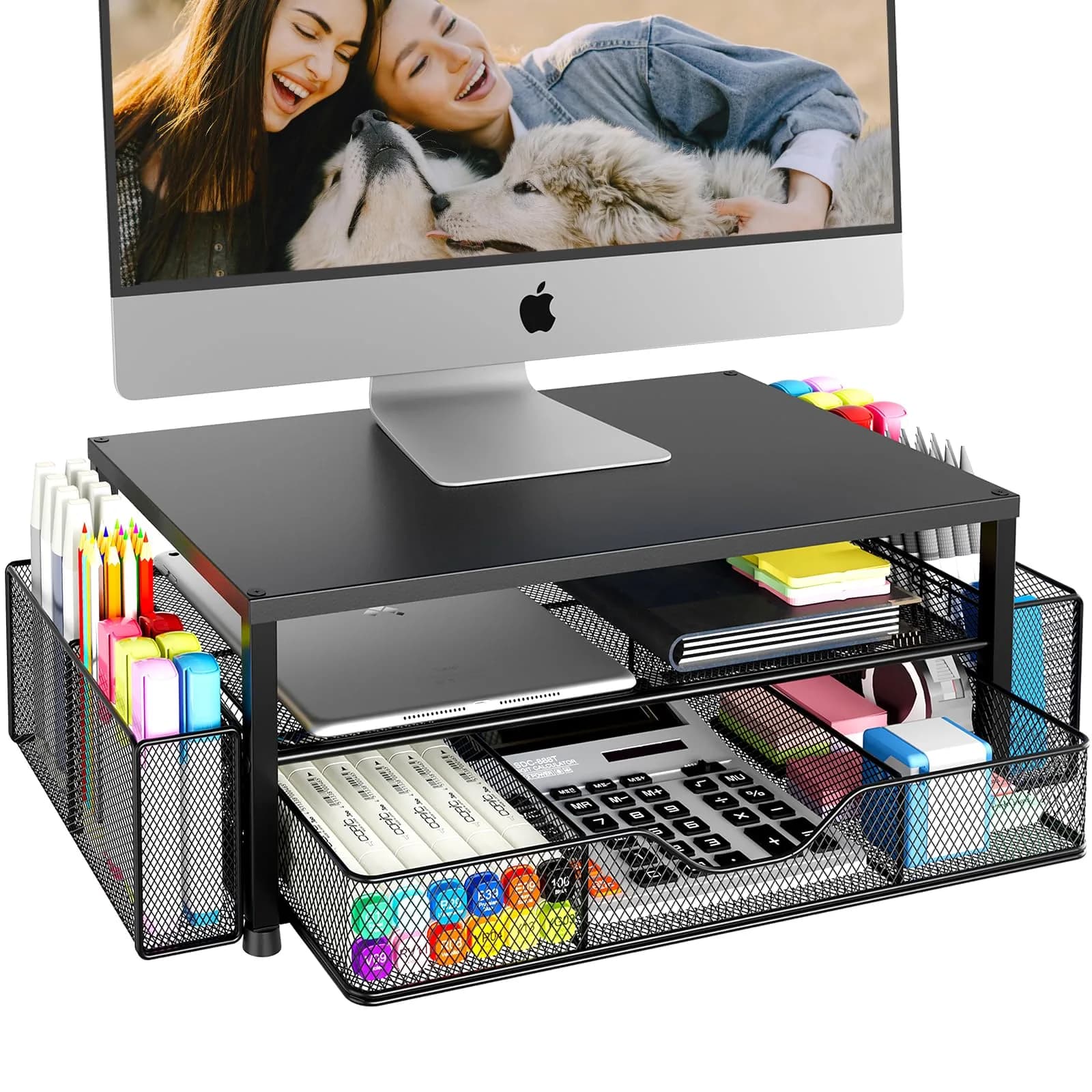 OPNICE Black 2-Tier Monitor Stand Riser with Drawer and Pen Holders | Ergonomic Wood Finish Workstation Organizer - main product image