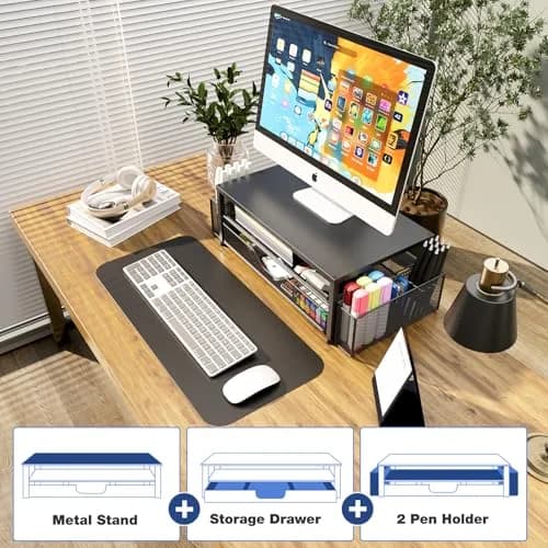 OPNICE 2-Tier Monitor Stand Riser with Drawer & Pen Holders, Black | 20.5 inch (52 cm) Ergonomic Carbon Steel Stand thumbnail 7