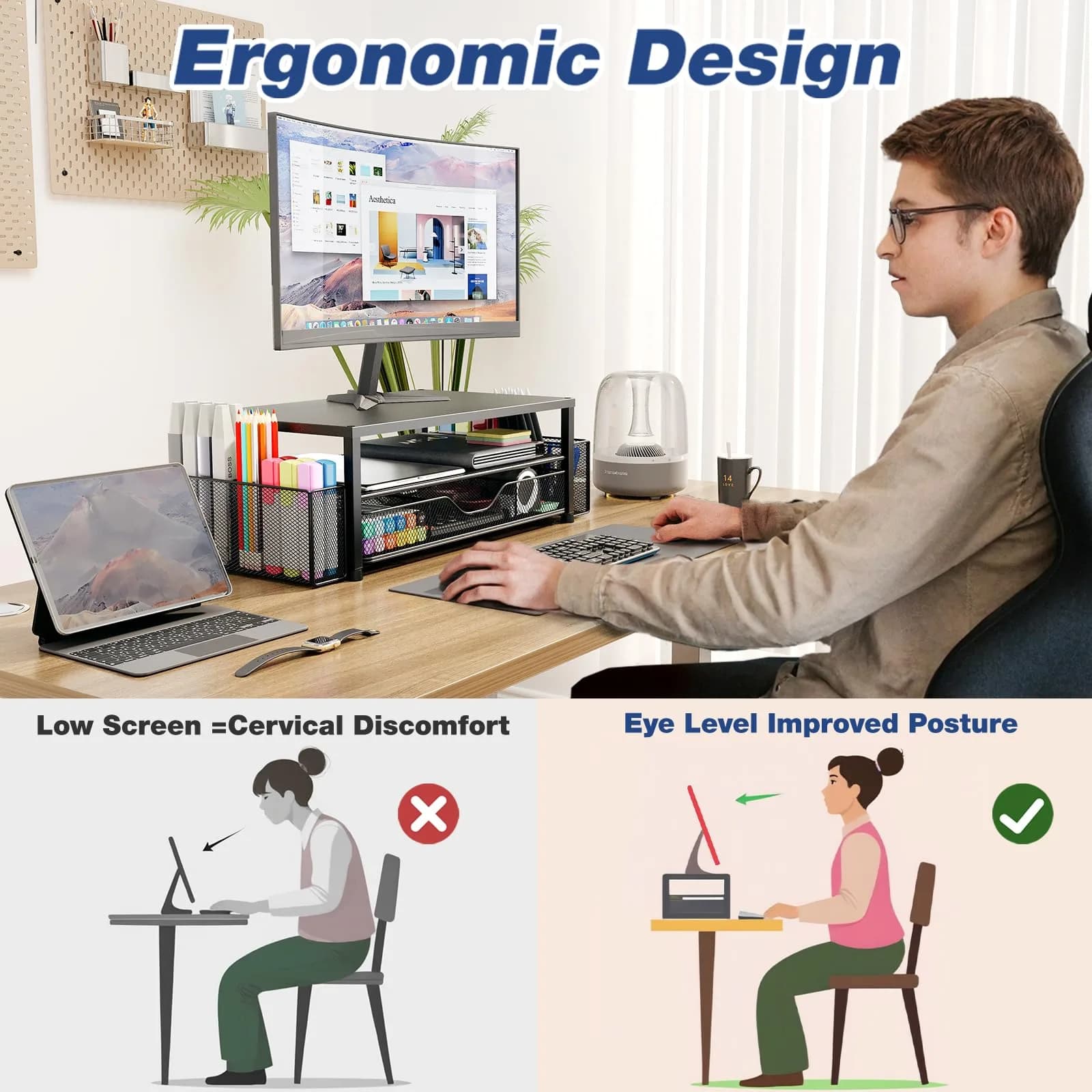 OPNICE Black 2-Tier Monitor Stand Riser with Drawer and Pen Holders | Ergonomic Wood Finish Workstation Organizer - view 2