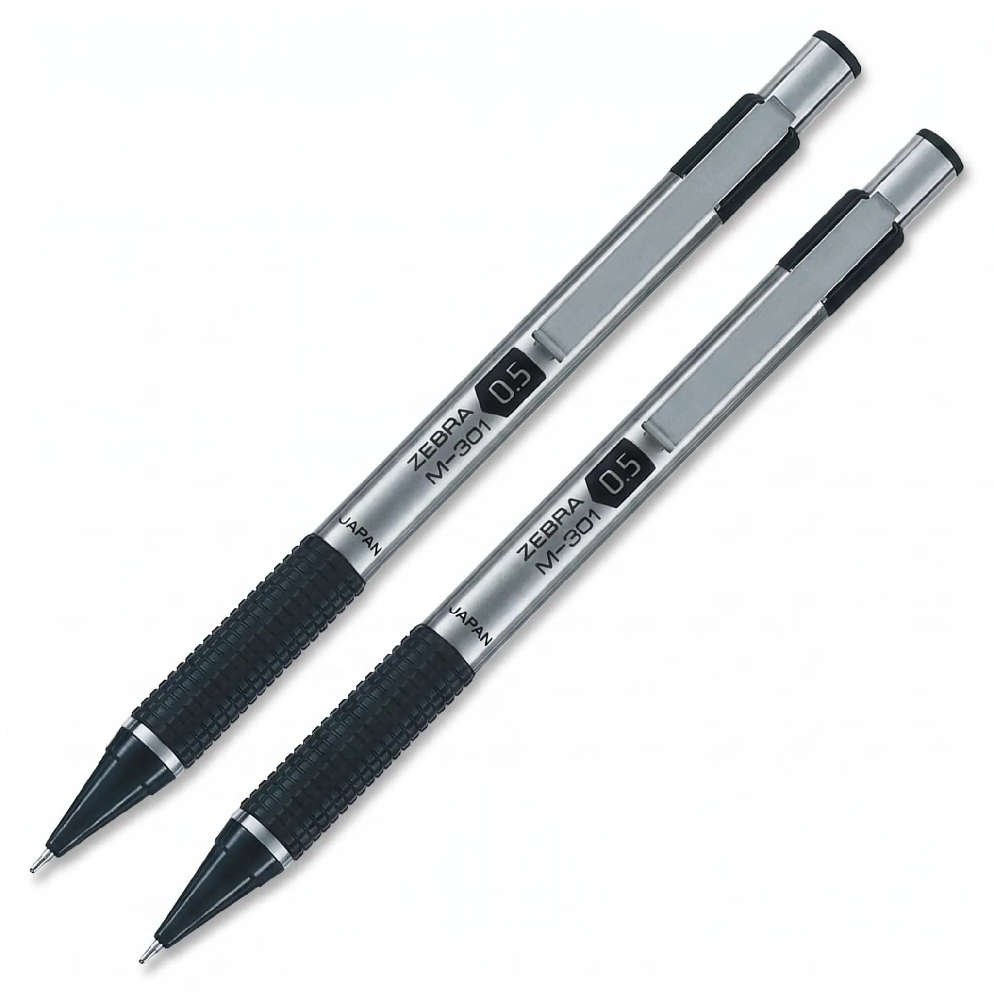 Zebra M-301 Mechanical Pencil 0.5mm | Stainless Steel, Fine Point, Refillable, 2-Pack — Black Grip